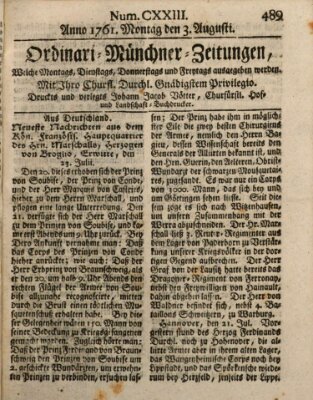 Ordinari-Münchner-Zeitungen (Süddeutsche Presse) Montag 3. August 1761