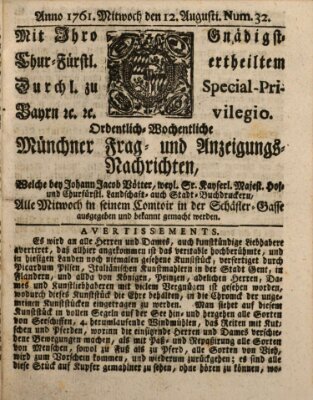 Ordinari-Münchner-Zeitungen (Süddeutsche Presse) Mittwoch 12. August 1761