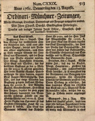 Ordinari-Münchner-Zeitungen (Süddeutsche Presse) Donnerstag 13. August 1761