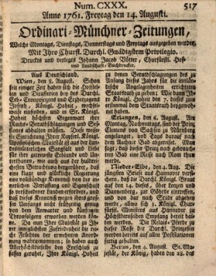 Ordinari-Münchner-Zeitungen (Süddeutsche Presse) Freitag 14. August 1761