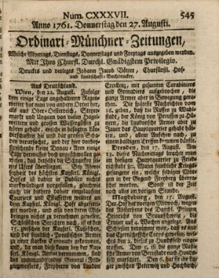 Ordinari-Münchner-Zeitungen (Süddeutsche Presse) Donnerstag 27. August 1761