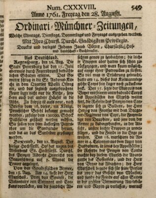 Ordinari-Münchner-Zeitungen (Süddeutsche Presse) Freitag 28. August 1761