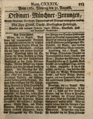 Ordinari-Münchner-Zeitungen (Süddeutsche Presse) Montag 31. August 1761