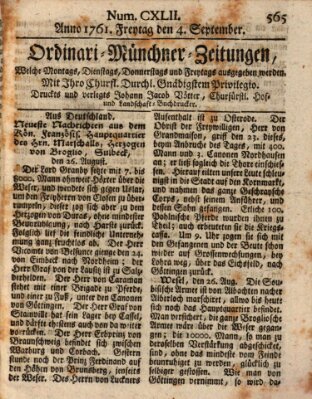 Ordinari-Münchner-Zeitungen (Süddeutsche Presse) Freitag 4. September 1761