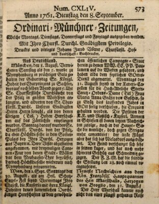 Ordinari-Münchner-Zeitungen (Süddeutsche Presse) Dienstag 8. September 1761