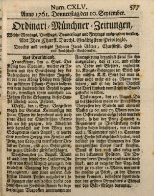 Ordinari-Münchner-Zeitungen (Süddeutsche Presse) Donnerstag 10. September 1761