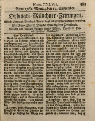 Ordinari-Münchner-Zeitungen (Süddeutsche Presse) Montag 14. September 1761