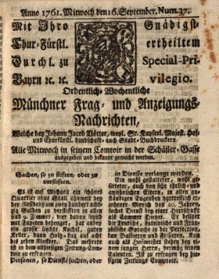 Ordinari-Münchner-Zeitungen (Süddeutsche Presse) Mittwoch 16. September 1761