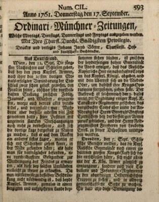 Ordinari-Münchner-Zeitungen (Süddeutsche Presse) Donnerstag 17. September 1761