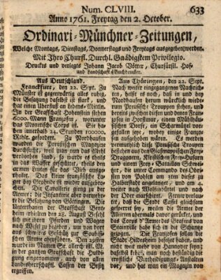 Ordinari-Münchner-Zeitungen (Süddeutsche Presse) Freitag 2. Oktober 1761