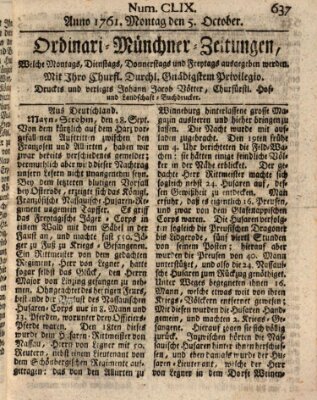 Ordinari-Münchner-Zeitungen (Süddeutsche Presse) Montag 5. Oktober 1761