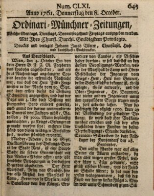 Ordinari-Münchner-Zeitungen (Süddeutsche Presse) Donnerstag 8. Oktober 1761