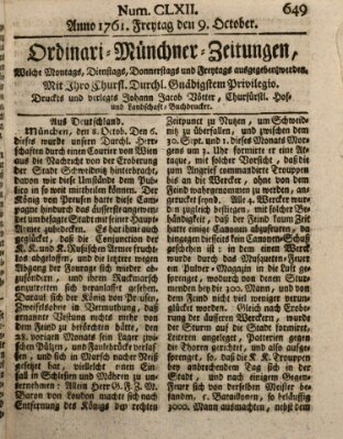 Ordinari-Münchner-Zeitungen (Süddeutsche Presse) Freitag 9. Oktober 1761