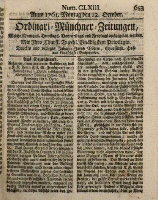 Ordinari-Münchner-Zeitungen (Süddeutsche Presse) Montag 12. Oktober 1761