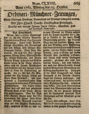 Ordinari-Münchner-Zeitungen (Süddeutsche Presse) Montag 19. Oktober 1761