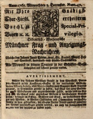 Ordinari-Münchner-Zeitungen (Süddeutsche Presse) Mittwoch 2. Dezember 1761