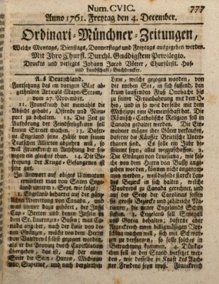 Ordinari-Münchner-Zeitungen (Süddeutsche Presse) Freitag 4. Dezember 1761