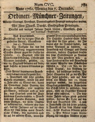 Ordinari-Münchner-Zeitungen (Süddeutsche Presse) Montag 7. Dezember 1761