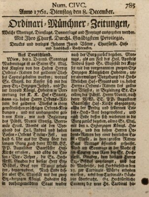 Ordinari-Münchner-Zeitungen (Süddeutsche Presse) Dienstag 8. Dezember 1761