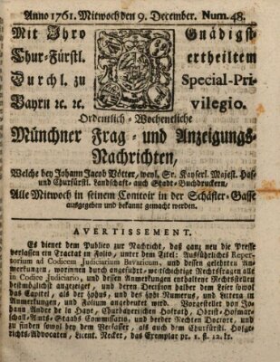 Ordinari-Münchner-Zeitungen (Süddeutsche Presse) Mittwoch 9. Dezember 1761