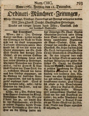 Ordinari-Münchner-Zeitungen (Süddeutsche Presse) Freitag 11. Dezember 1761