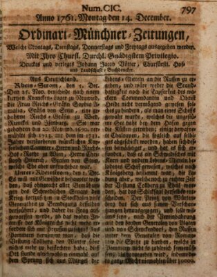 Ordinari-Münchner-Zeitungen (Süddeutsche Presse) Montag 14. Dezember 1761