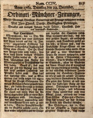 Ordinari-Münchner-Zeitungen (Süddeutsche Presse) Dienstag 22. Dezember 1761