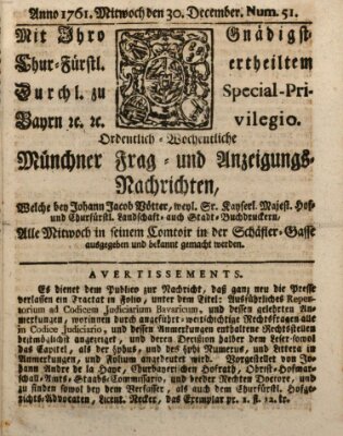 Ordinari-Münchner-Zeitungen (Süddeutsche Presse) Mittwoch 30. Dezember 1761