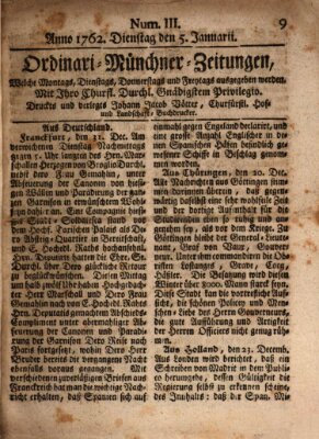 Ordinari-Münchner-Zeitungen (Süddeutsche Presse) Dienstag 5. Januar 1762