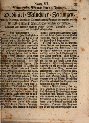 Ordinari-Münchner-Zeitungen (Süddeutsche Presse) Montag 11. Januar 1762