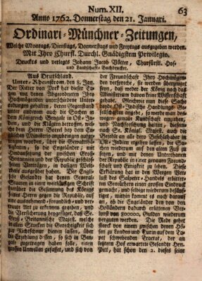 Ordinari-Münchner-Zeitungen (Süddeutsche Presse) Donnerstag 21. Januar 1762