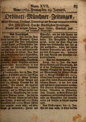 Ordinari-Münchner-Zeitungen (Süddeutsche Presse) Freitag 29. Januar 1762