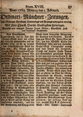 Ordinari-Münchner-Zeitungen (Süddeutsche Presse) Montag 1. Februar 1762