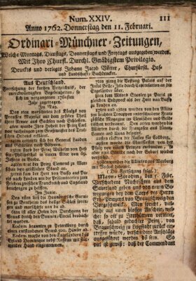 Ordinari-Münchner-Zeitungen (Süddeutsche Presse) Donnerstag 11. Februar 1762