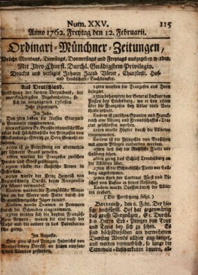 Ordinari-Münchner-Zeitungen (Süddeutsche Presse) Freitag 12. Februar 1762