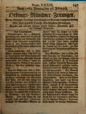 Ordinari-Münchner-Zeitungen (Süddeutsche Presse) Freitag 26. Februar 1762