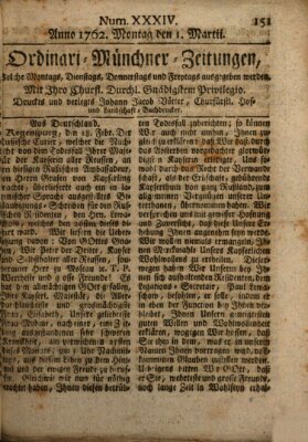 Ordinari-Münchner-Zeitungen (Süddeutsche Presse) Montag 1. März 1762