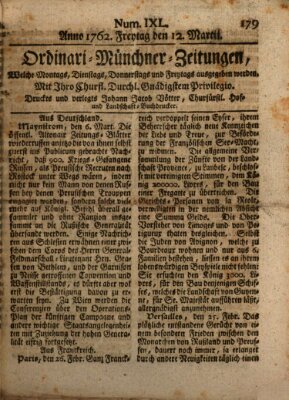 Ordinari-Münchner-Zeitungen (Süddeutsche Presse) Freitag 12. März 1762