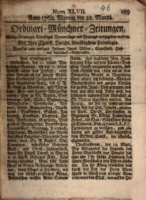 Ordinari-Münchner-Zeitungen (Süddeutsche Presse) Montag 22. März 1762