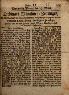 Ordinari-Münchner-Zeitungen (Süddeutsche Presse) Montag 29. März 1762