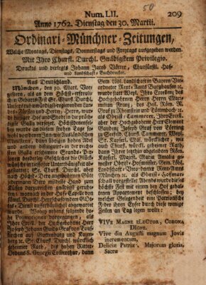 Ordinari-Münchner-Zeitungen (Süddeutsche Presse) Dienstag 30. März 1762