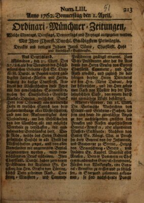 Ordinari-Münchner-Zeitungen (Süddeutsche Presse) Donnerstag 1. April 1762