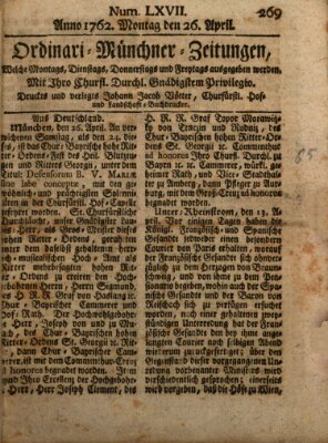 Ordinari-Münchner-Zeitungen (Süddeutsche Presse) Montag 26. April 1762