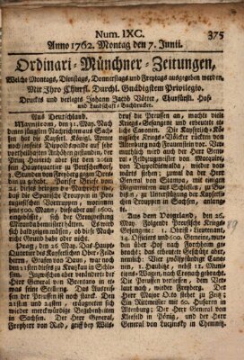 Ordinari-Münchner-Zeitungen (Süddeutsche Presse) Montag 7. Juni 1762