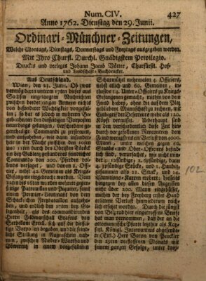 Ordinari-Münchner-Zeitungen (Süddeutsche Presse) Dienstag 29. Juni 1762