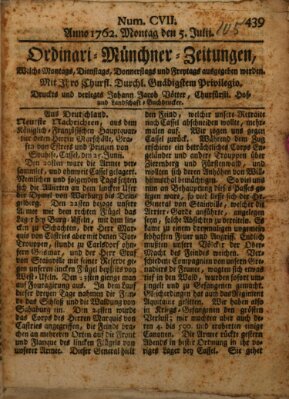 Ordinari-Münchner-Zeitungen (Süddeutsche Presse) Montag 5. Juli 1762