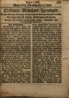 Ordinari-Münchner-Zeitungen (Süddeutsche Presse) Dienstag 13. Juli 1762