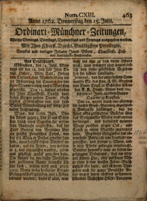 Ordinari-Münchner-Zeitungen (Süddeutsche Presse) Donnerstag 15. Juli 1762