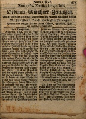 Ordinari-Münchner-Zeitungen (Süddeutsche Presse) Dienstag 20. Juli 1762