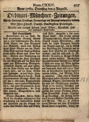 Ordinari-Münchner-Zeitungen (Süddeutsche Presse) Dienstag 3. August 1762